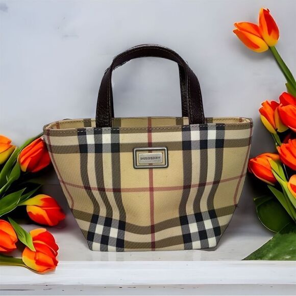 BURBERRY Mini Handbag Coated Canvas Classic Tan Check Leather Handles AUTHENTIC - Picture 1 of 11